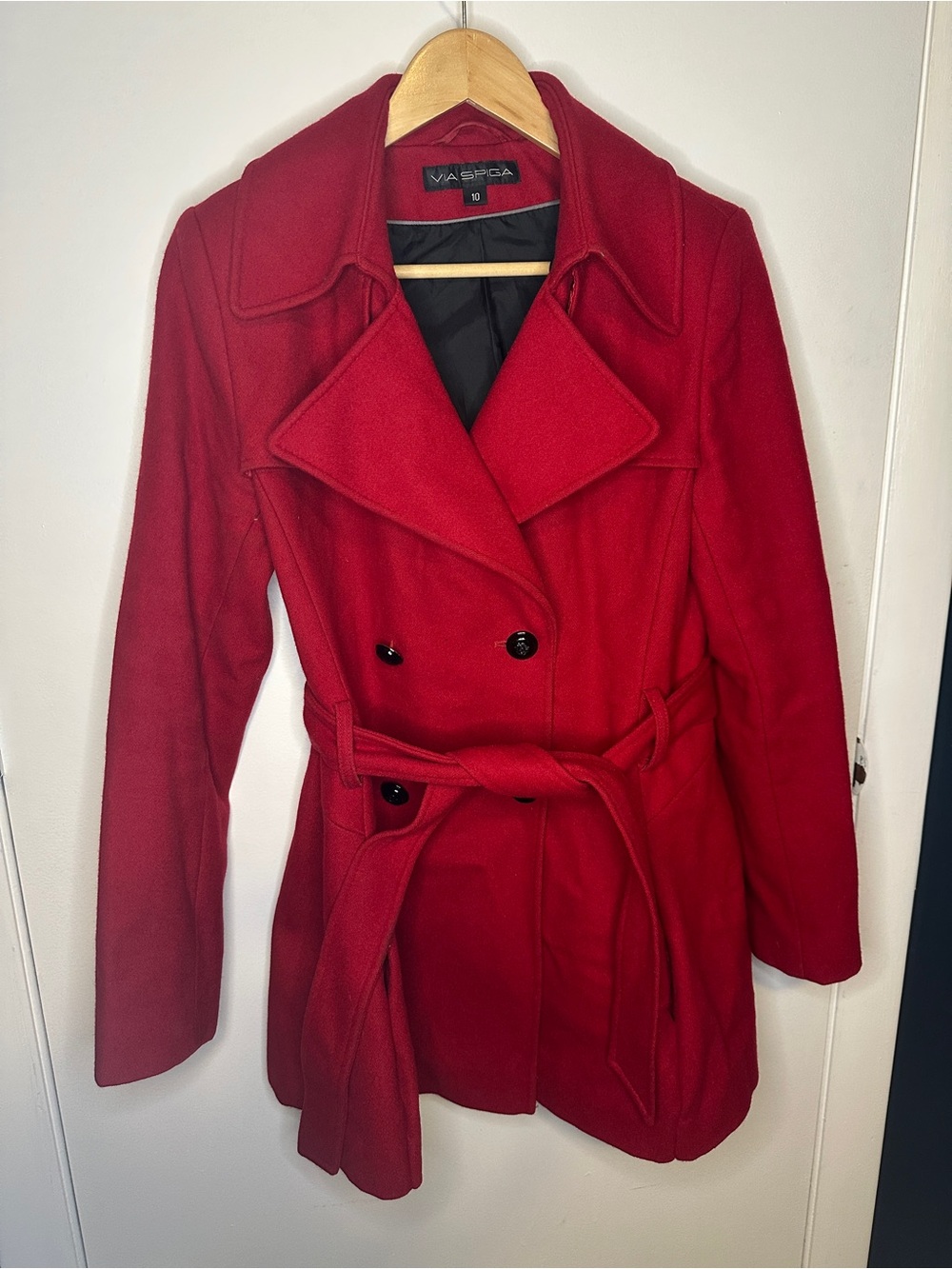 Via Spiga Red Double-Breasted Belted Peacoat